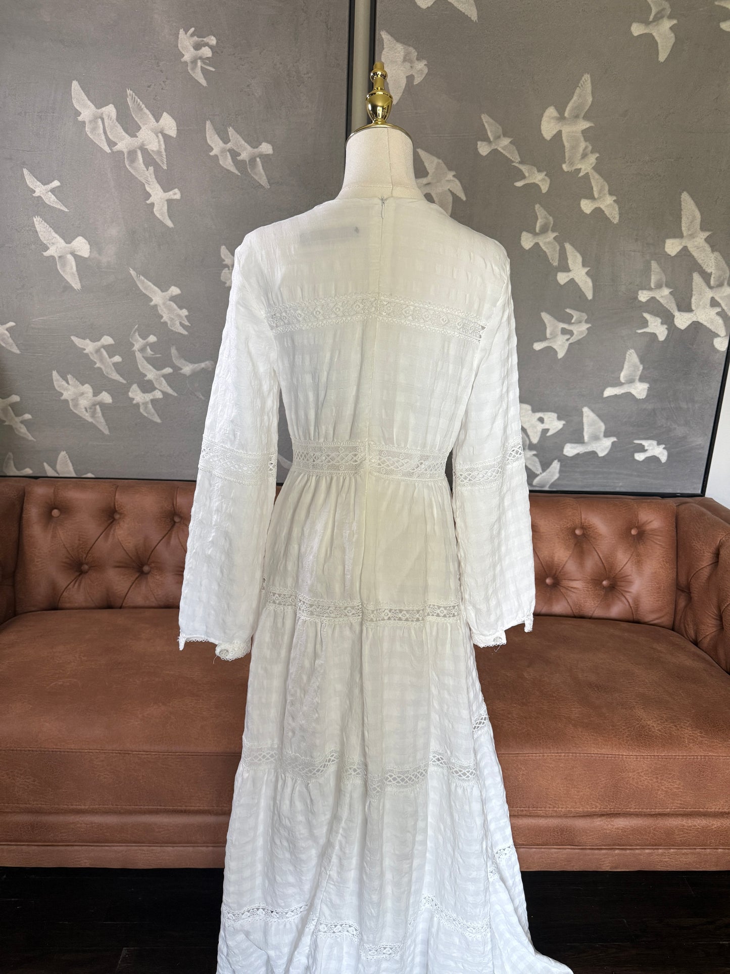 White long sleeved lace trim dress