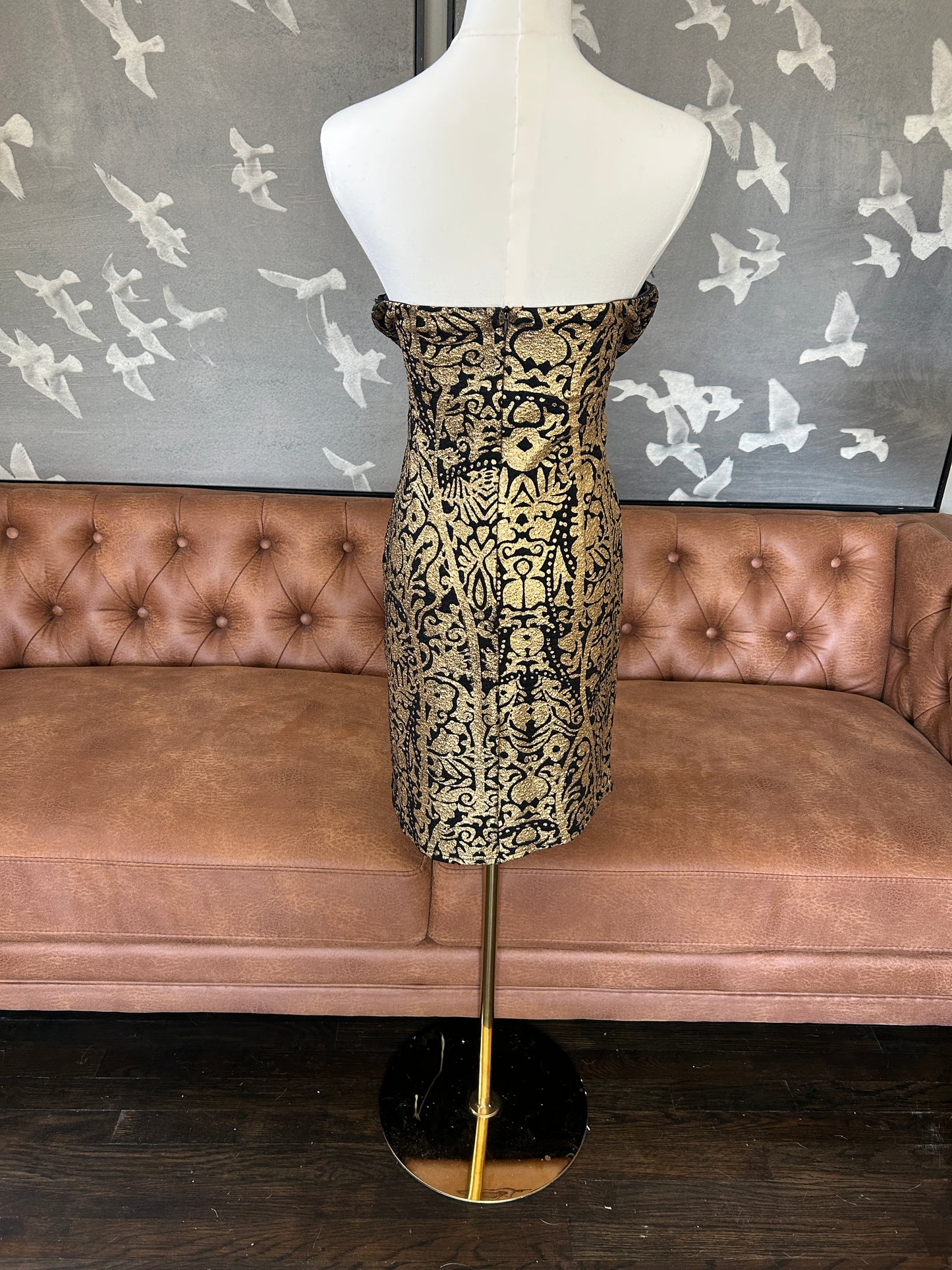 Strapless cocktail dress with gold and black detailing