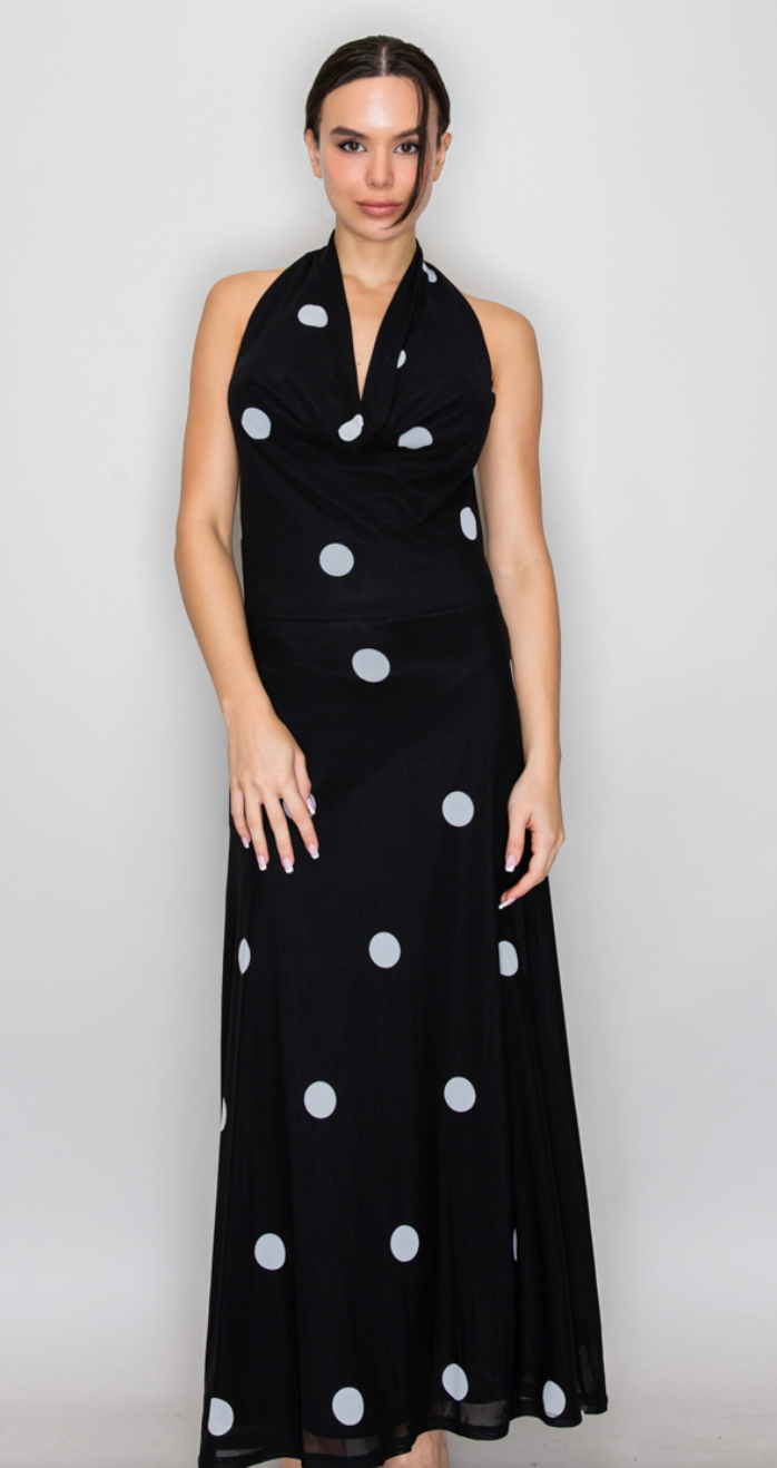 Drape Polka Dot Halter Dress