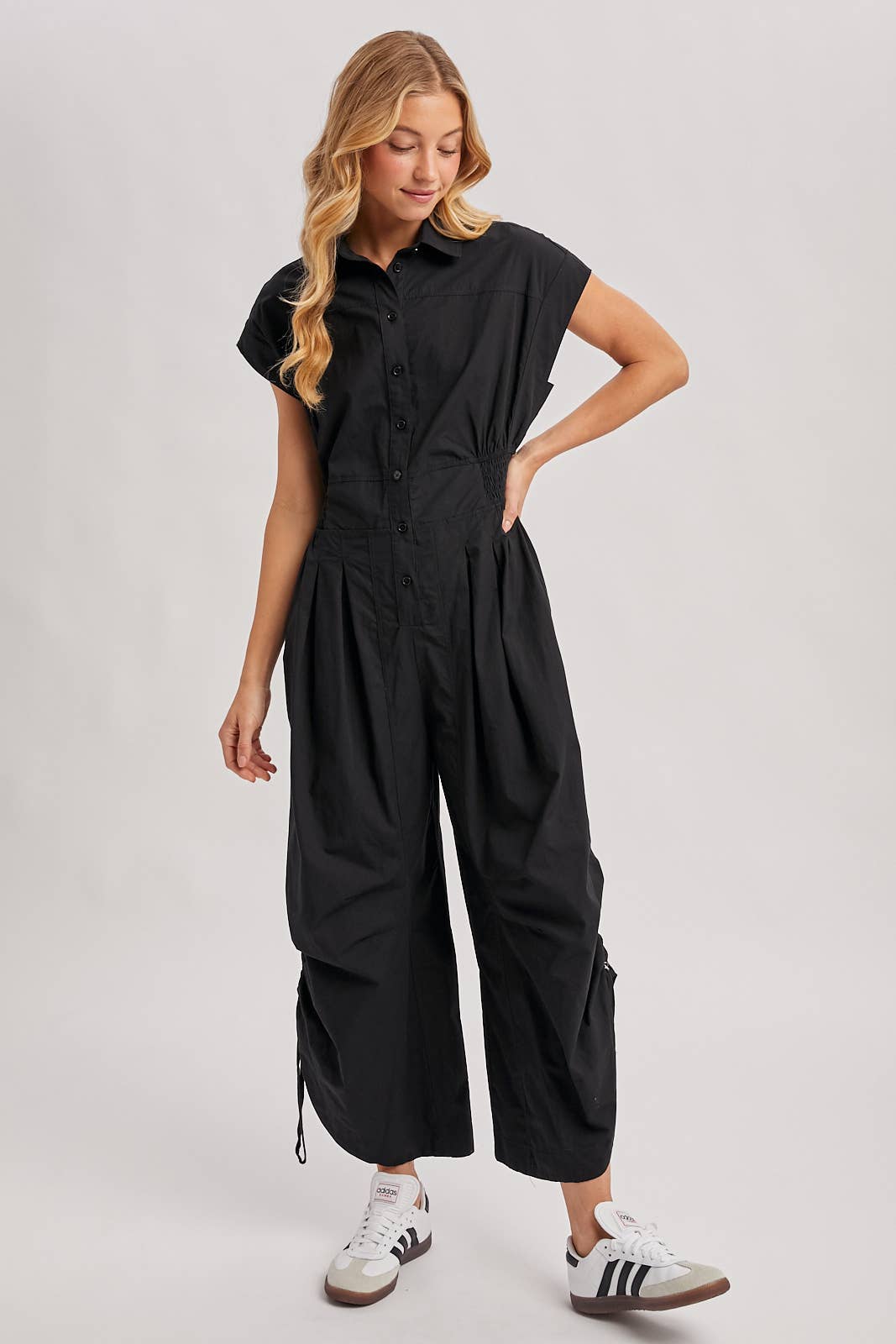BUTTON DOWN UTILITY SHIRTING JUMPSUIT