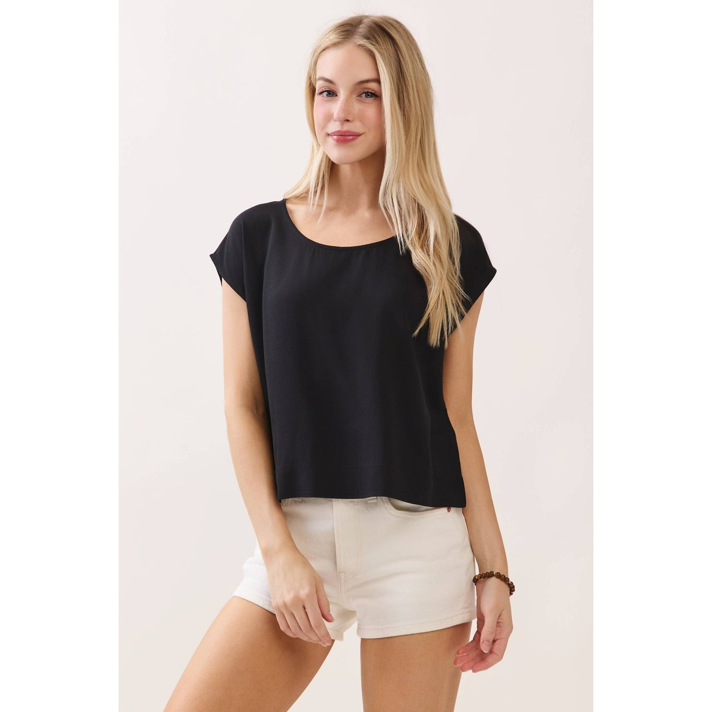 Woven Boxy Top with Extended Sleeve and Round Neck