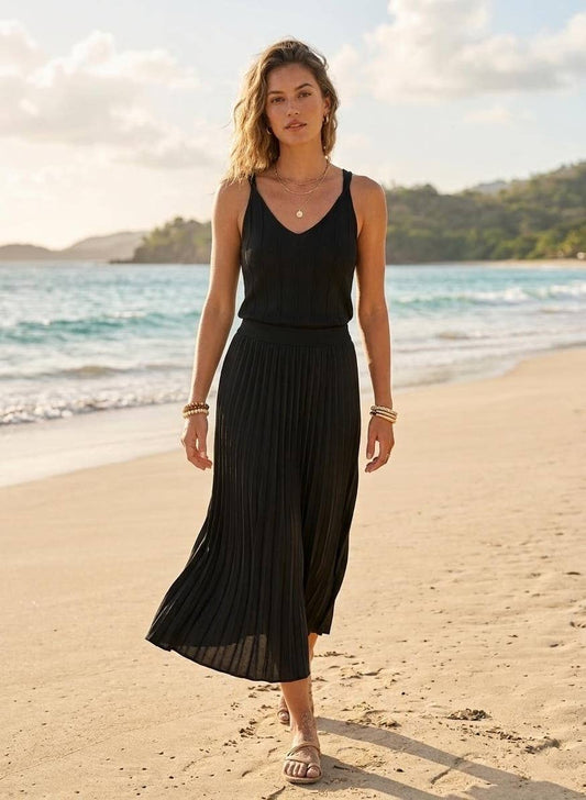 Solid Ribbed Knit Tank Top And Long Skirt Set