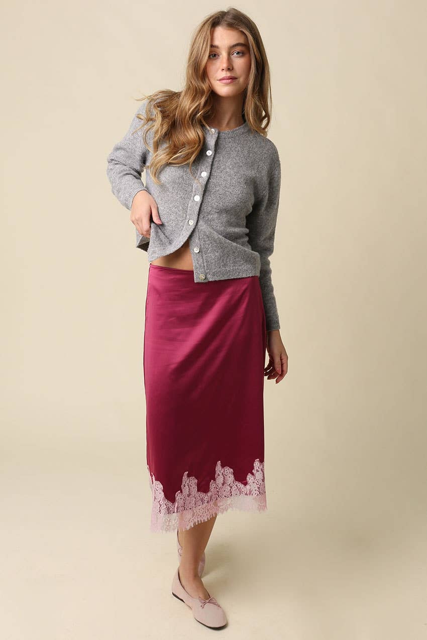 Lois Lace Trim Satin Midi Skirt
