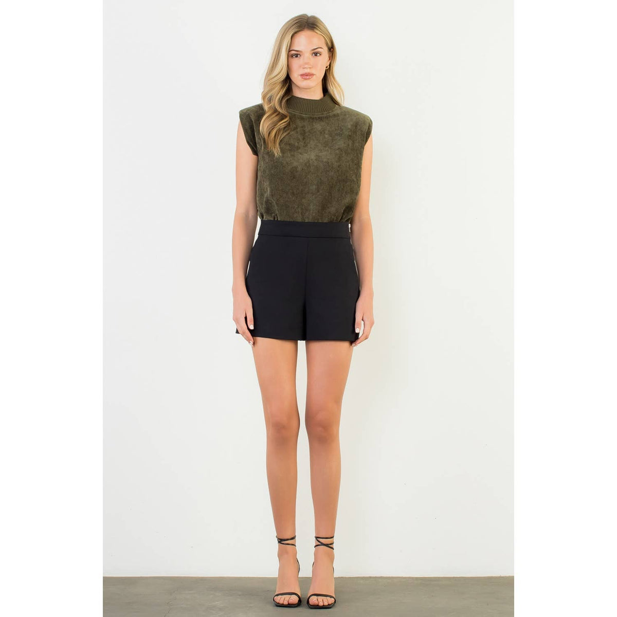 Sleeveless Mock Neck Suede Top
