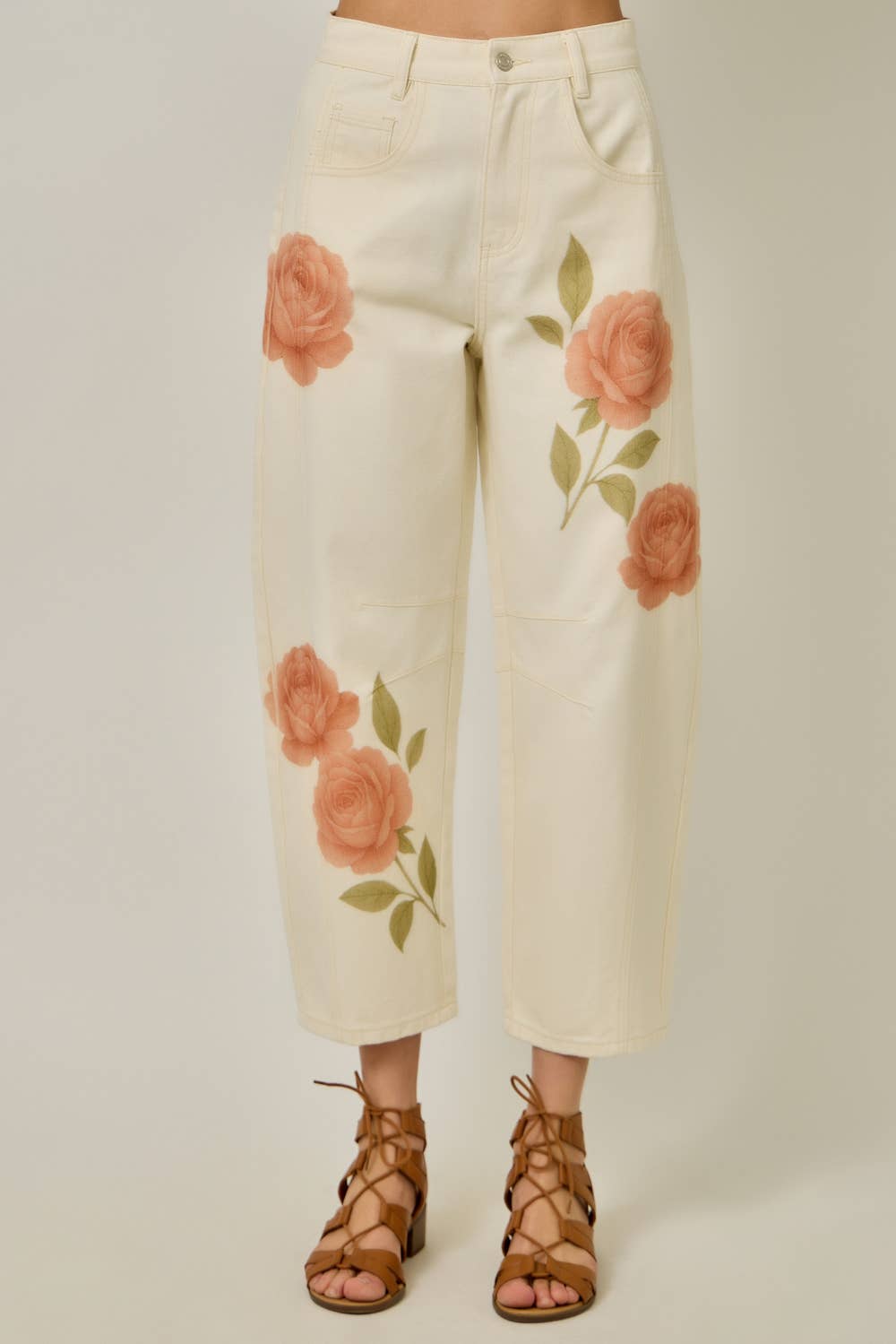 Floral Printed Denim Barrel Jeans
