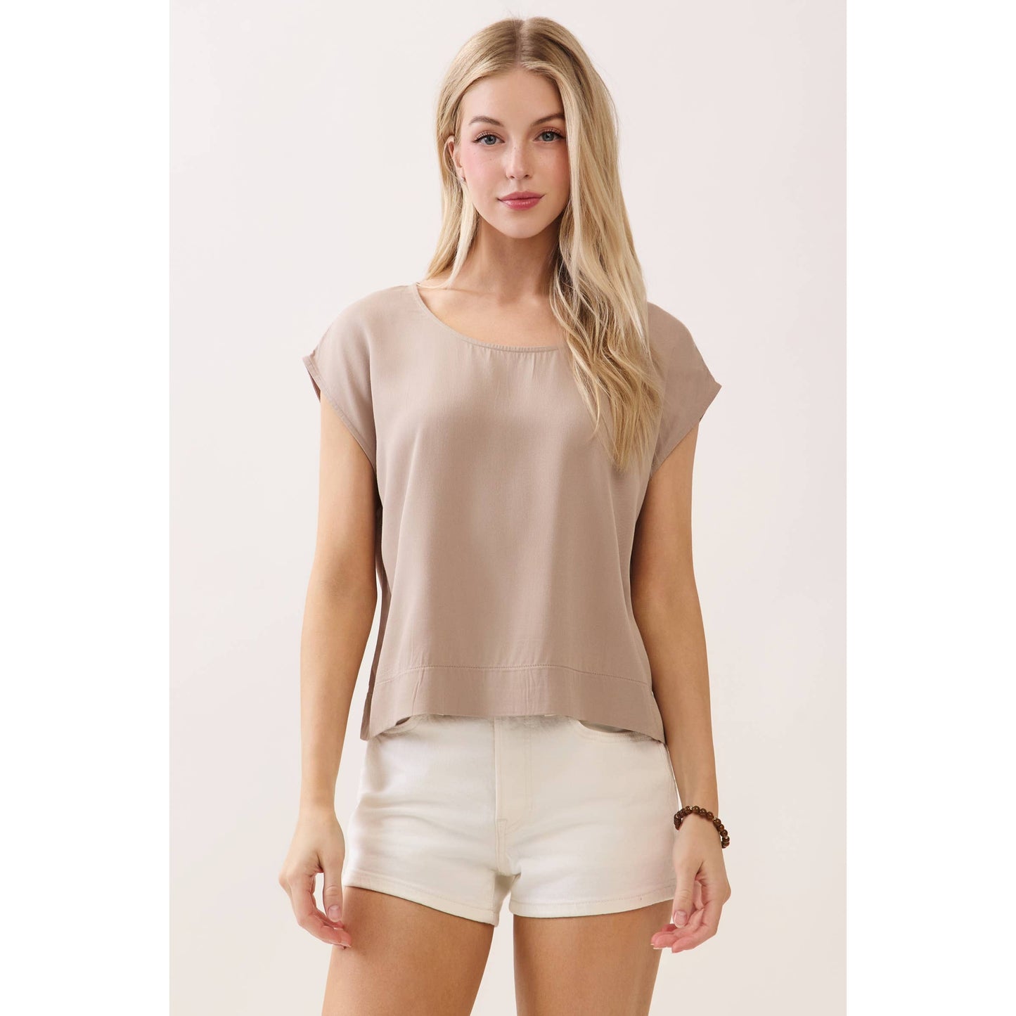 Woven Boxy Top with Extended Sleeve and Round Neck