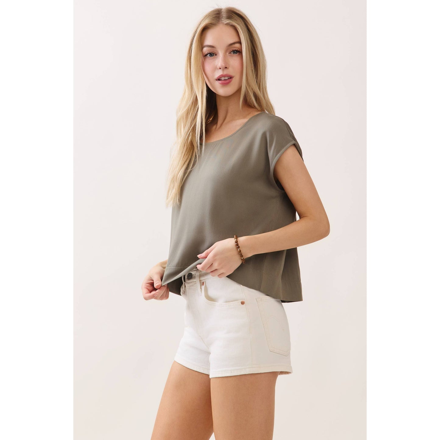 Woven Boxy Top with Extended Sleeve and Round Neck
