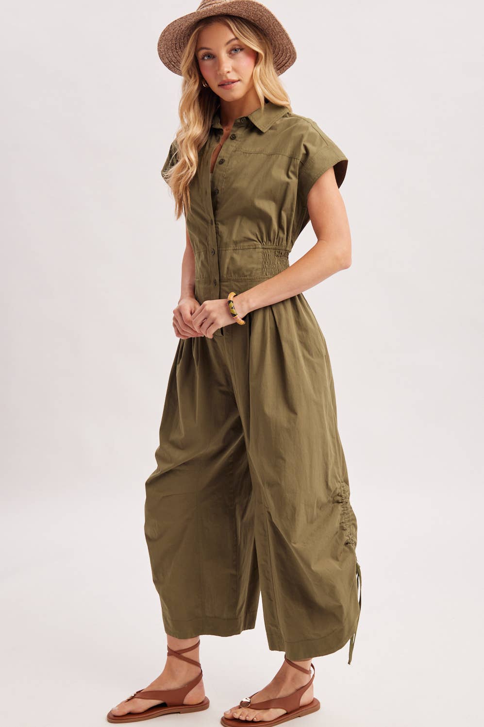 BUTTON DOWN UTILITY SHIRTING JUMPSUIT
