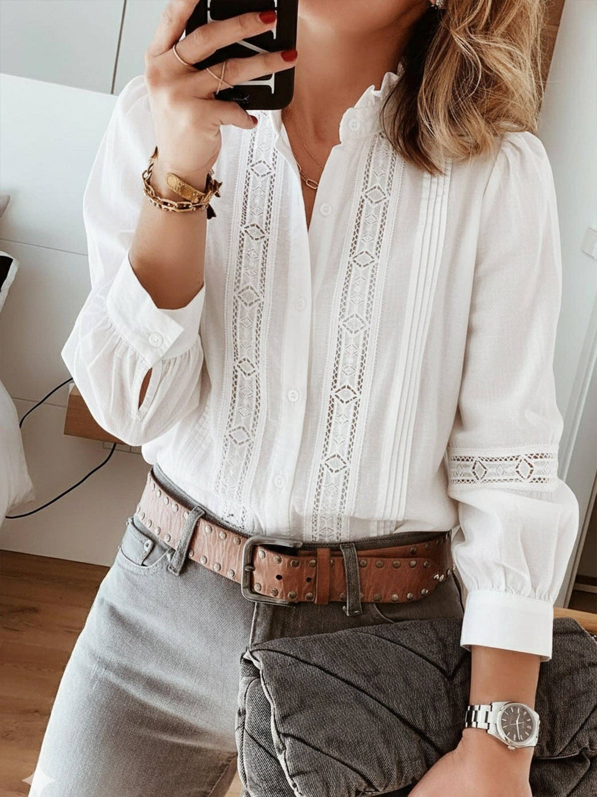 White Ruffle-Trim Stand Collar Blouse