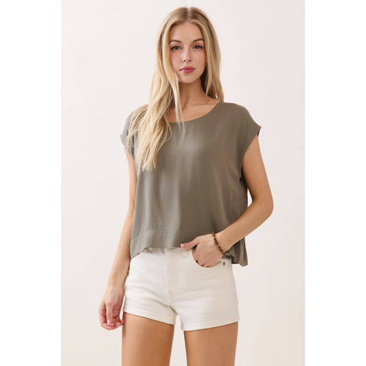 Woven Boxy Top with Extended Sleeve and Round Neck