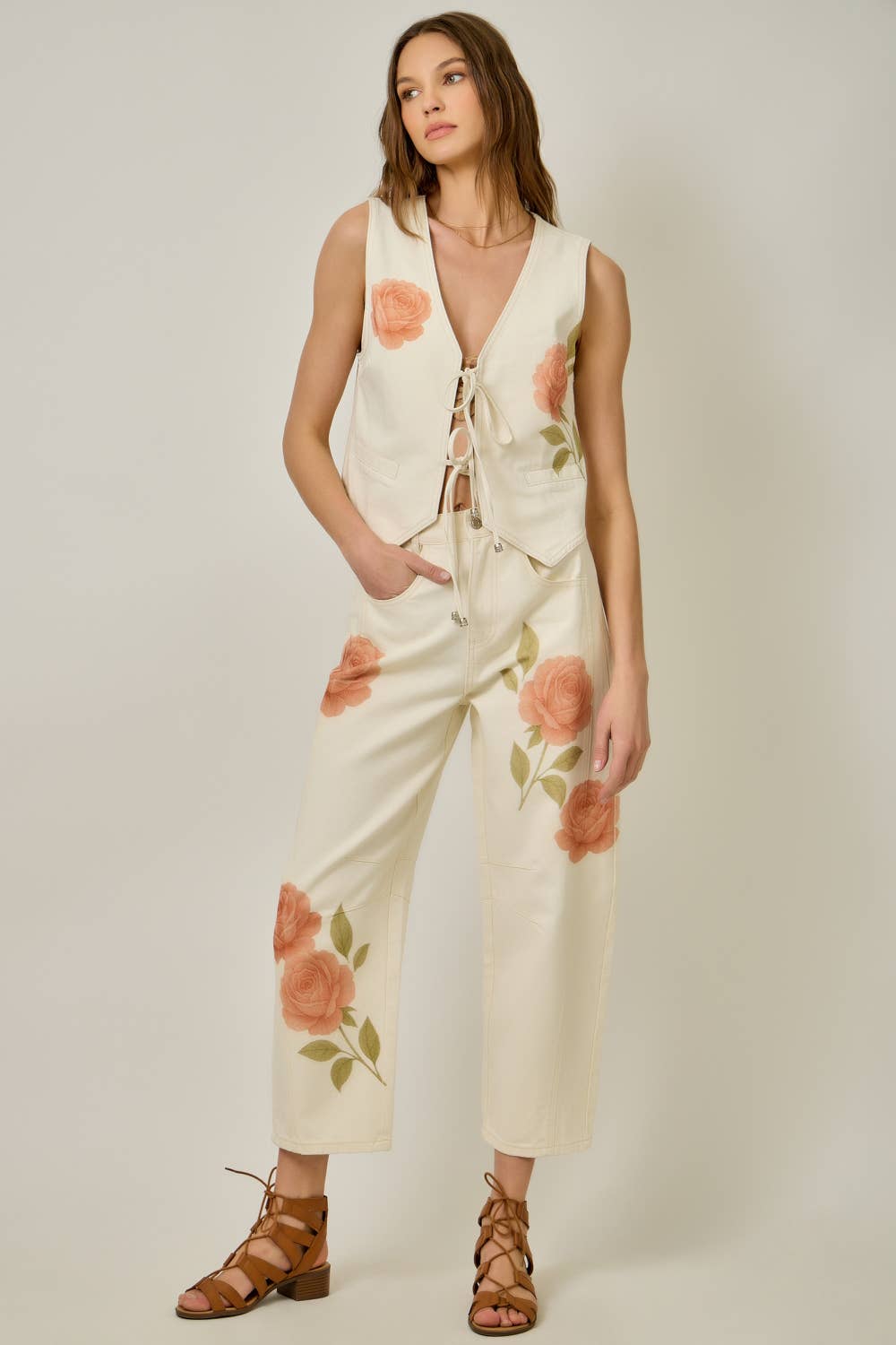 Floral Printed Denim Barrel Jeans