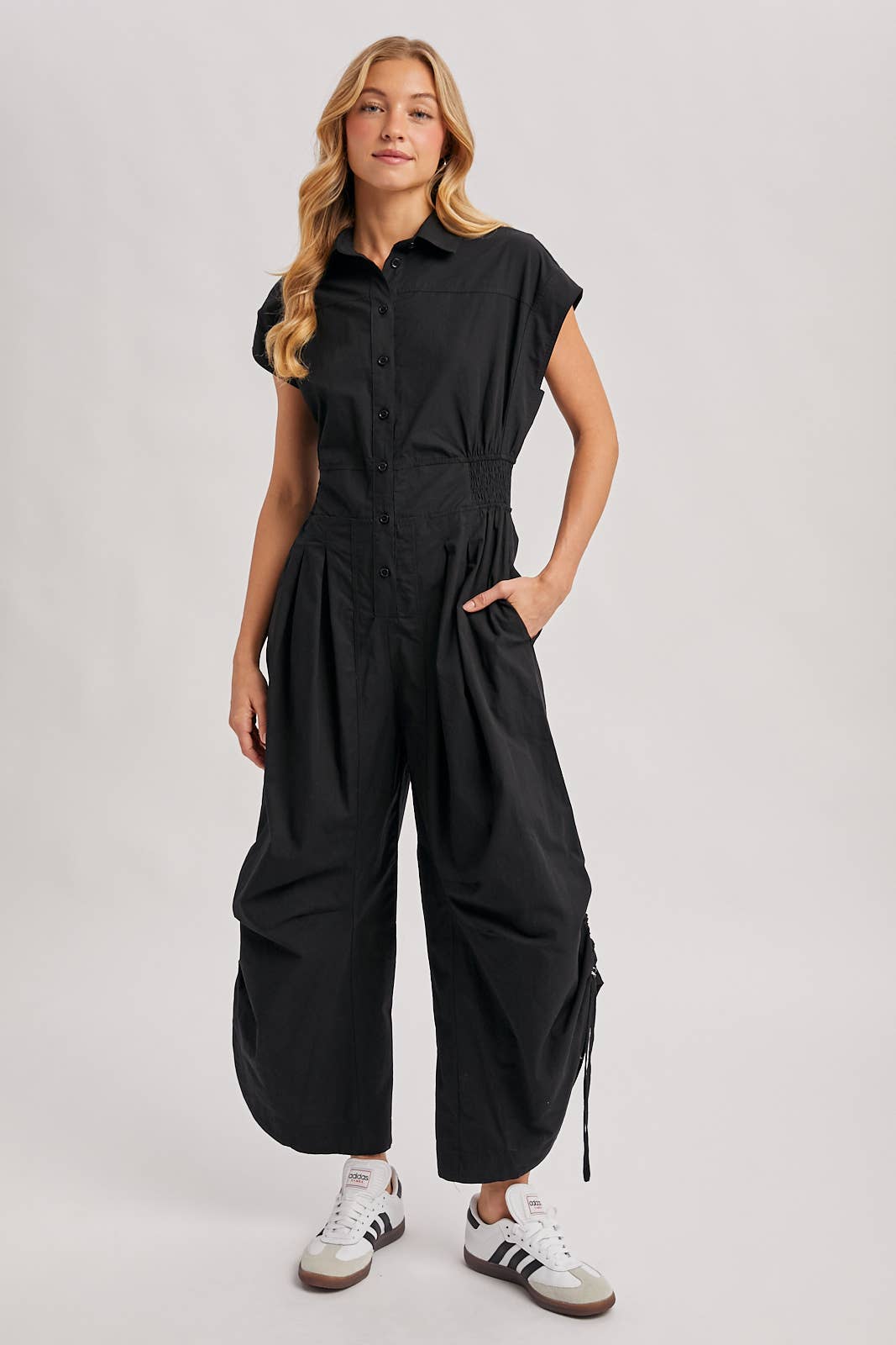 BUTTON DOWN UTILITY SHIRTING JUMPSUIT