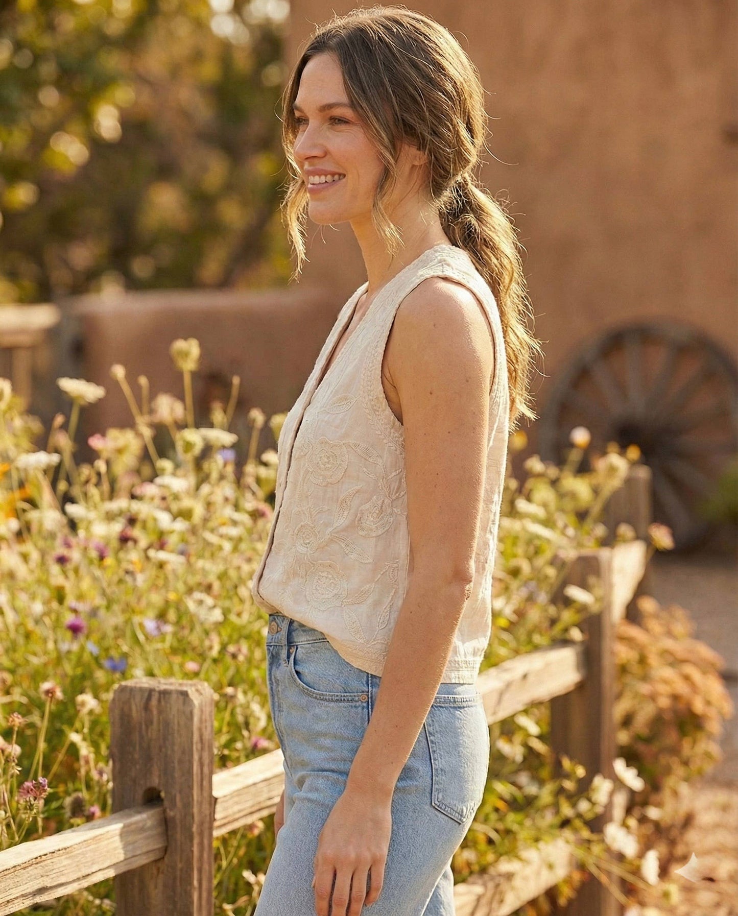 Women's Cotton Embroidered Button Front Sleeveless Top-Vest