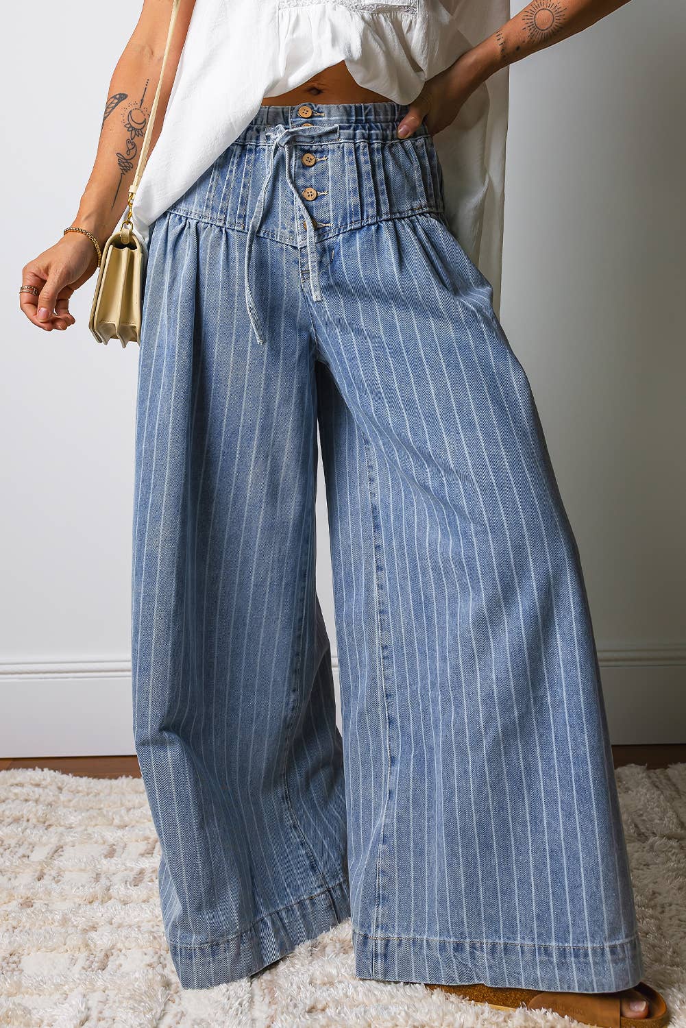 Stripe Button Pleated Drawstring Waist Wide Leg Jeans|S-4X