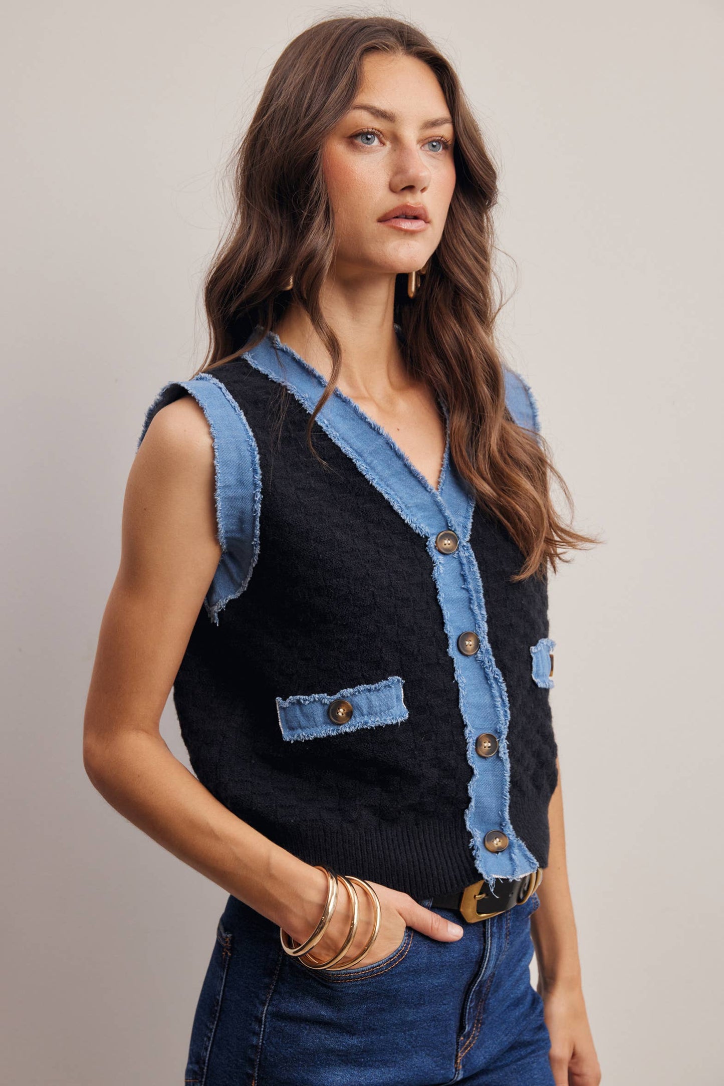 Denim Trim Knit Vest FSW0009
