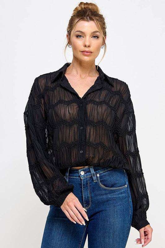 Romantic Sheer Button Front Blouse