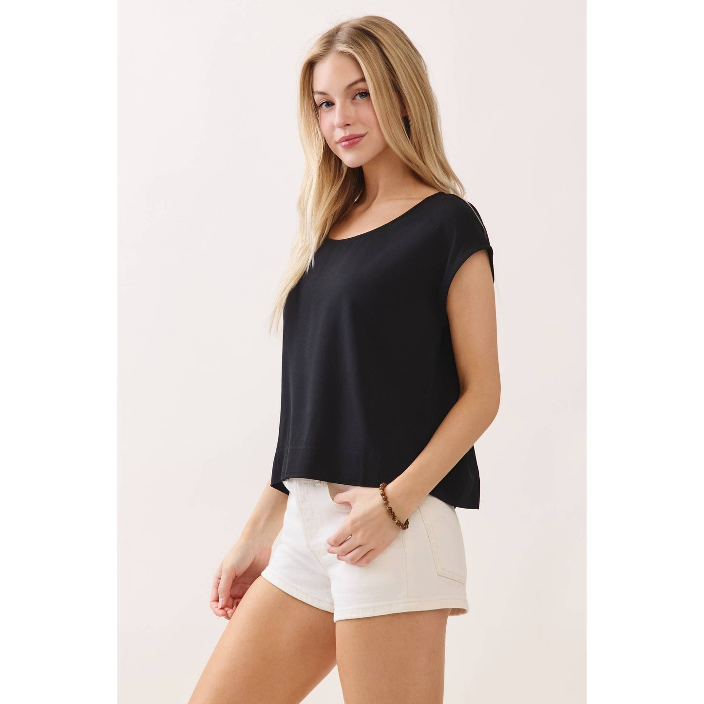 Woven Boxy Top with Extended Sleeve and Round Neck