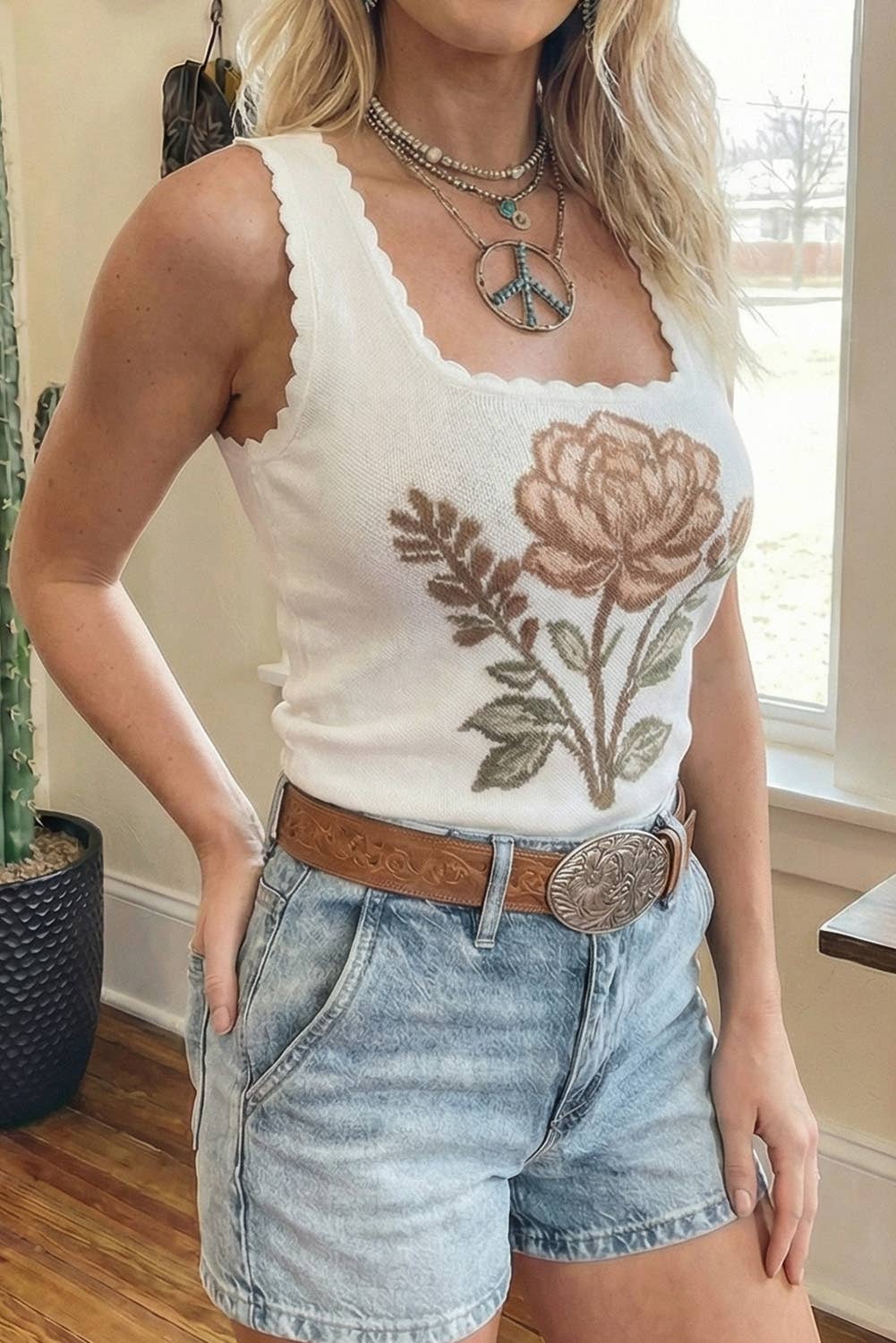 66 Floral Western Scalloped Square Neck Sweater Vest (S-4X)