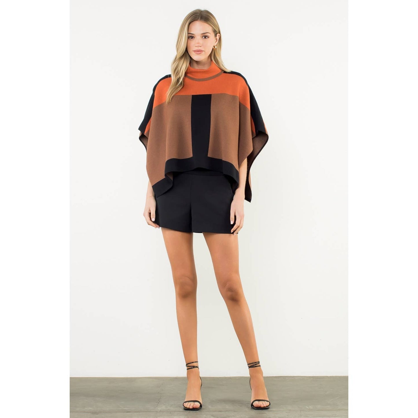 Colorblock Turtleneck Knit Poncho
