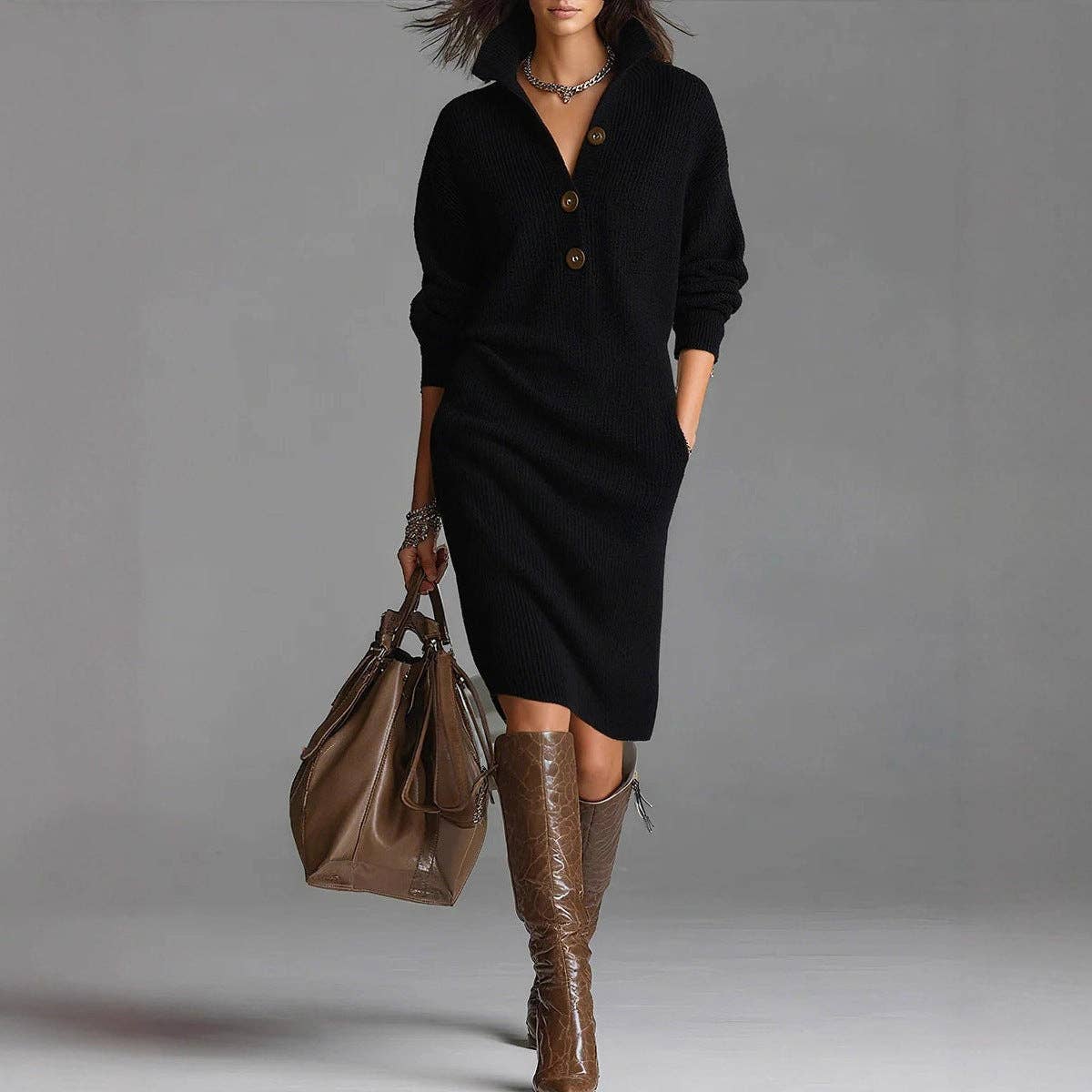 Women Button Down Collar Casual Relaxed Fit Midi Shift Dress
