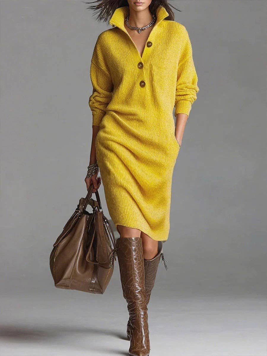 Women Button Down Collar Casual Relaxed Fit Midi Shift Dress