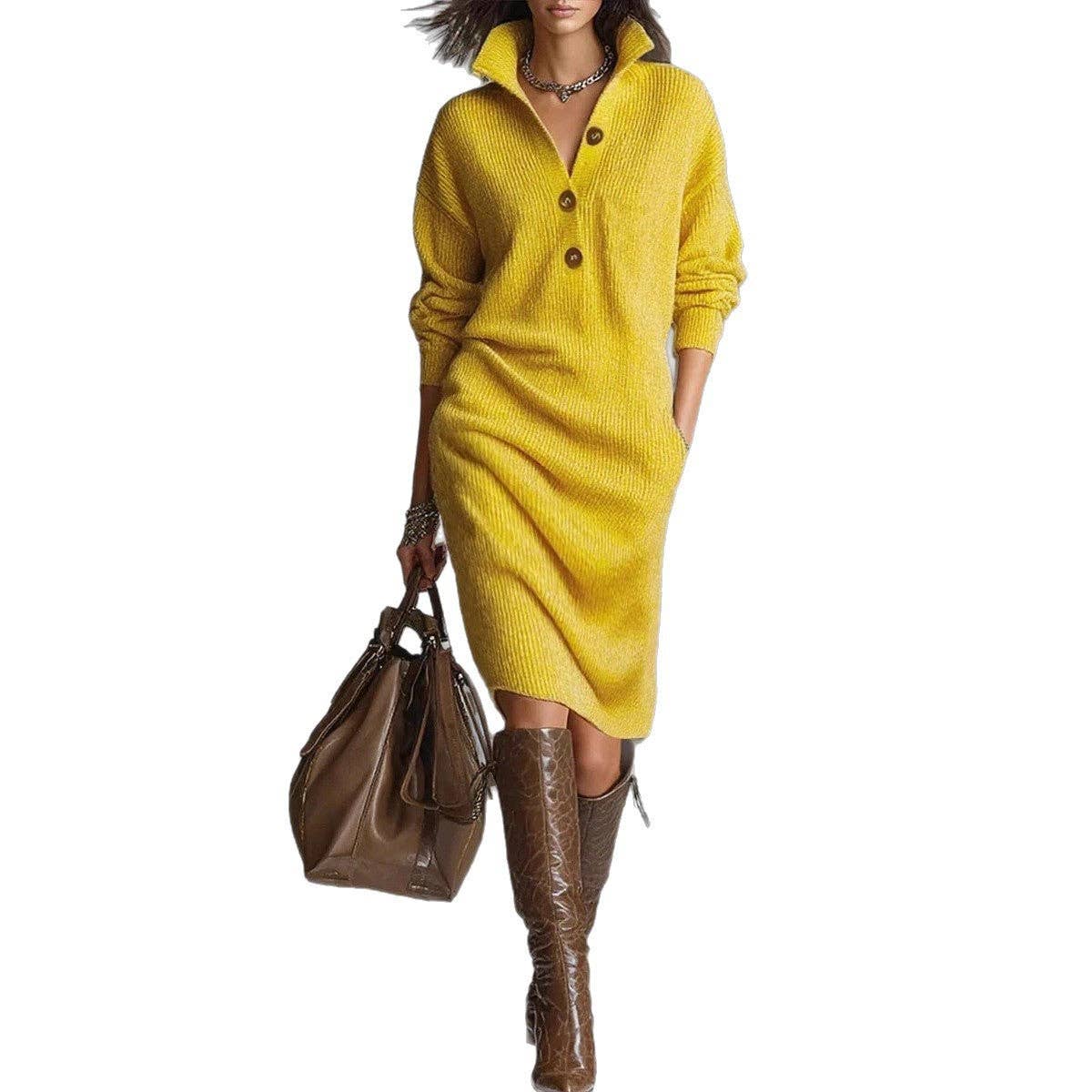 Women Button Down Collar Casual Relaxed Fit Midi Shift Dress