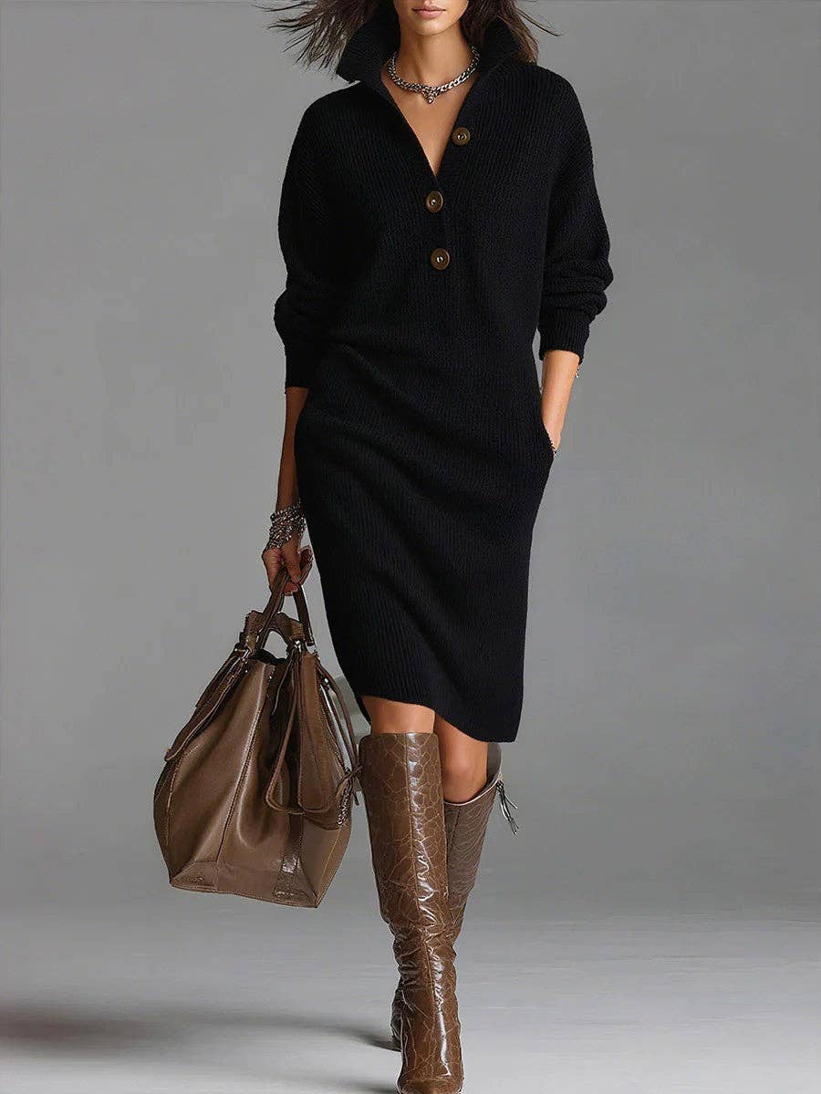 Women Button Down Collar Casual Relaxed Fit Midi Shift Dress