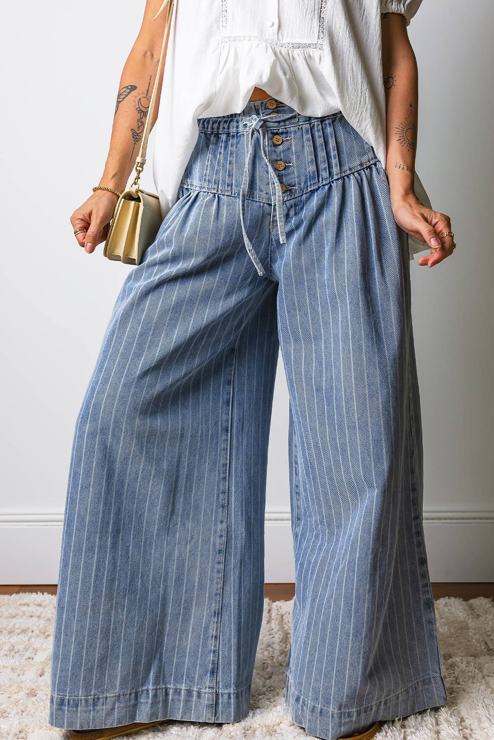 Stripe Button Pleated Drawstring Waist Wide Leg Jeans|S-4X