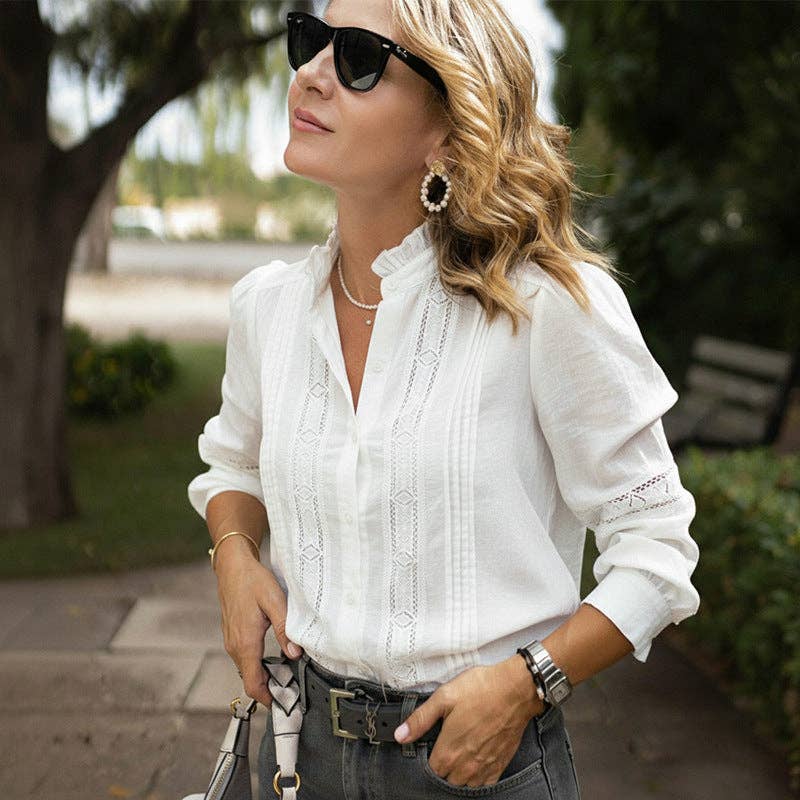 White Ruffle-Trim Stand Collar Blouse