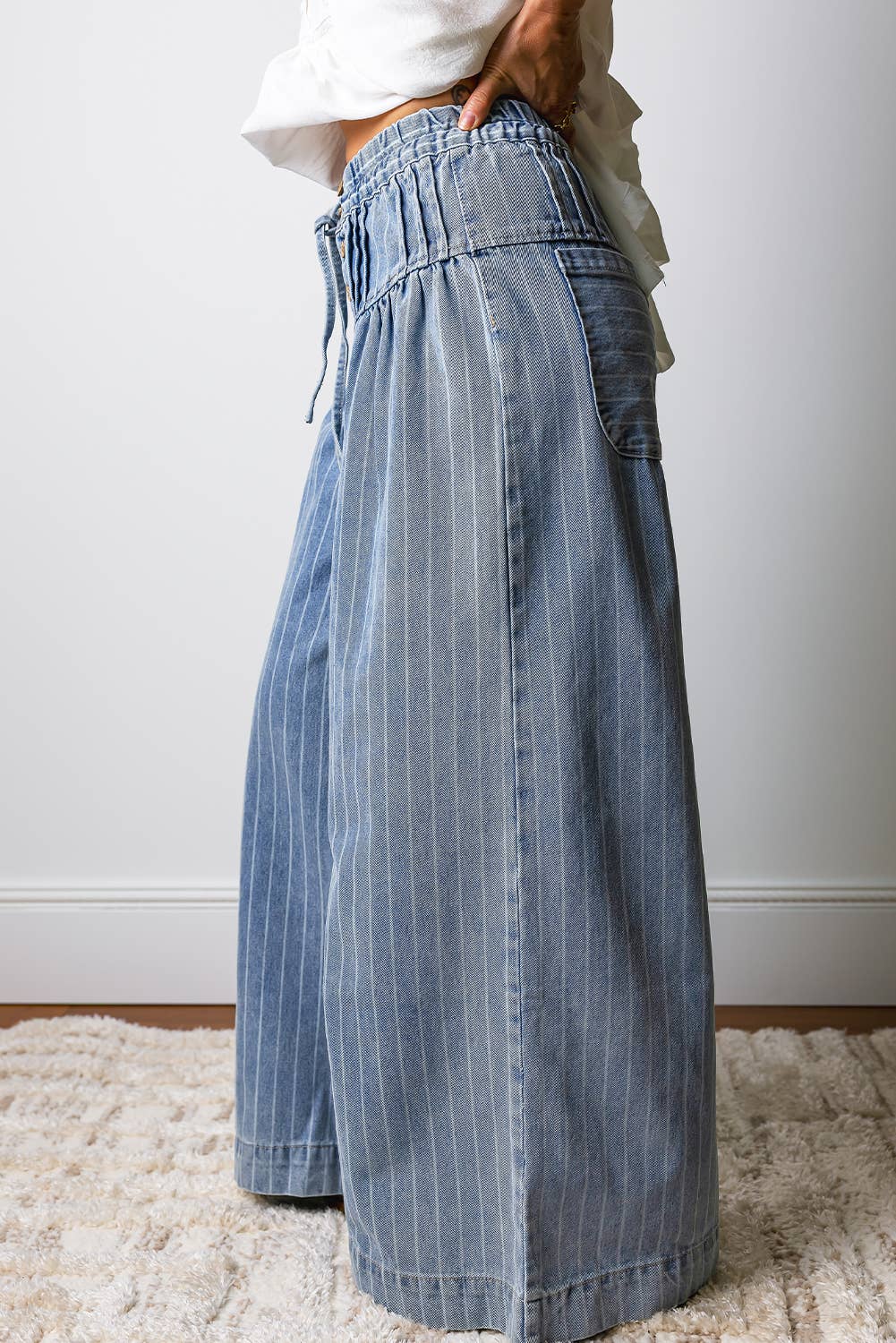 Stripe Button Pleated Drawstring Waist Wide Leg Jeans|S-4X