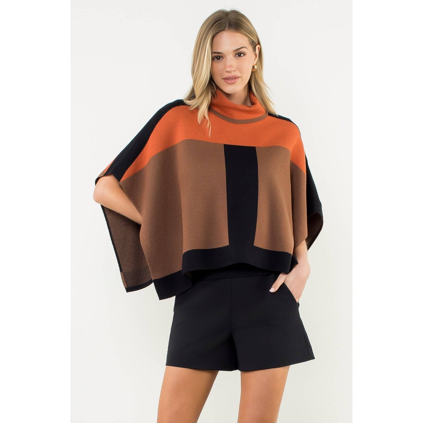 Colorblock Turtleneck Knit Poncho