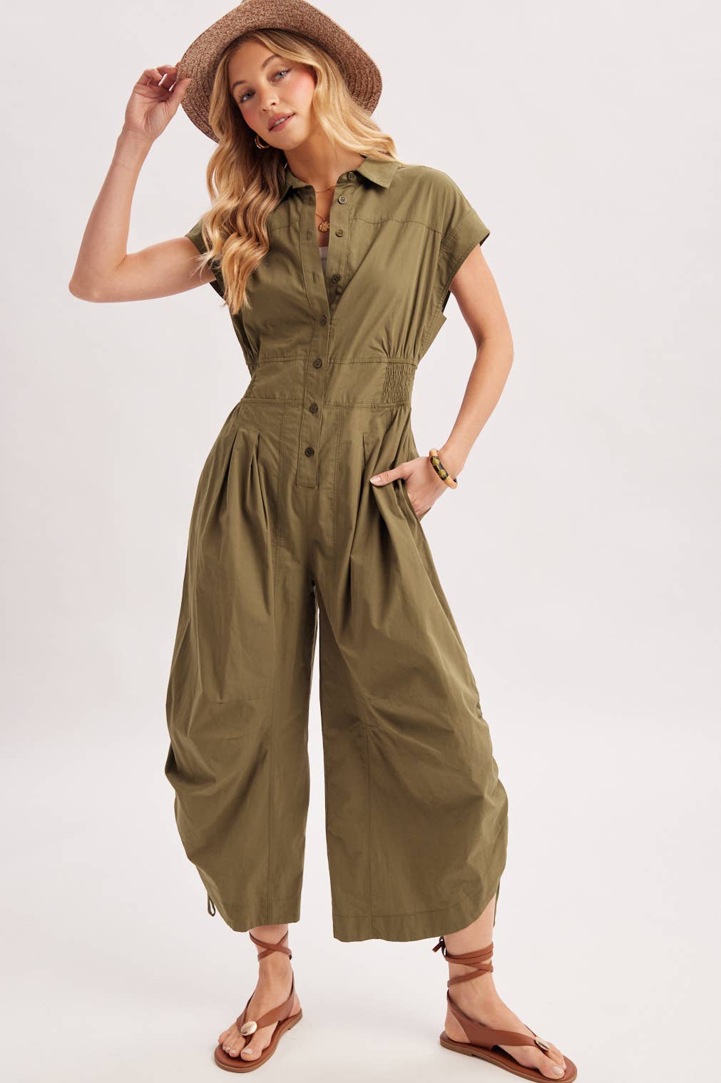 BUTTON DOWN UTILITY SHIRTING JUMPSUIT