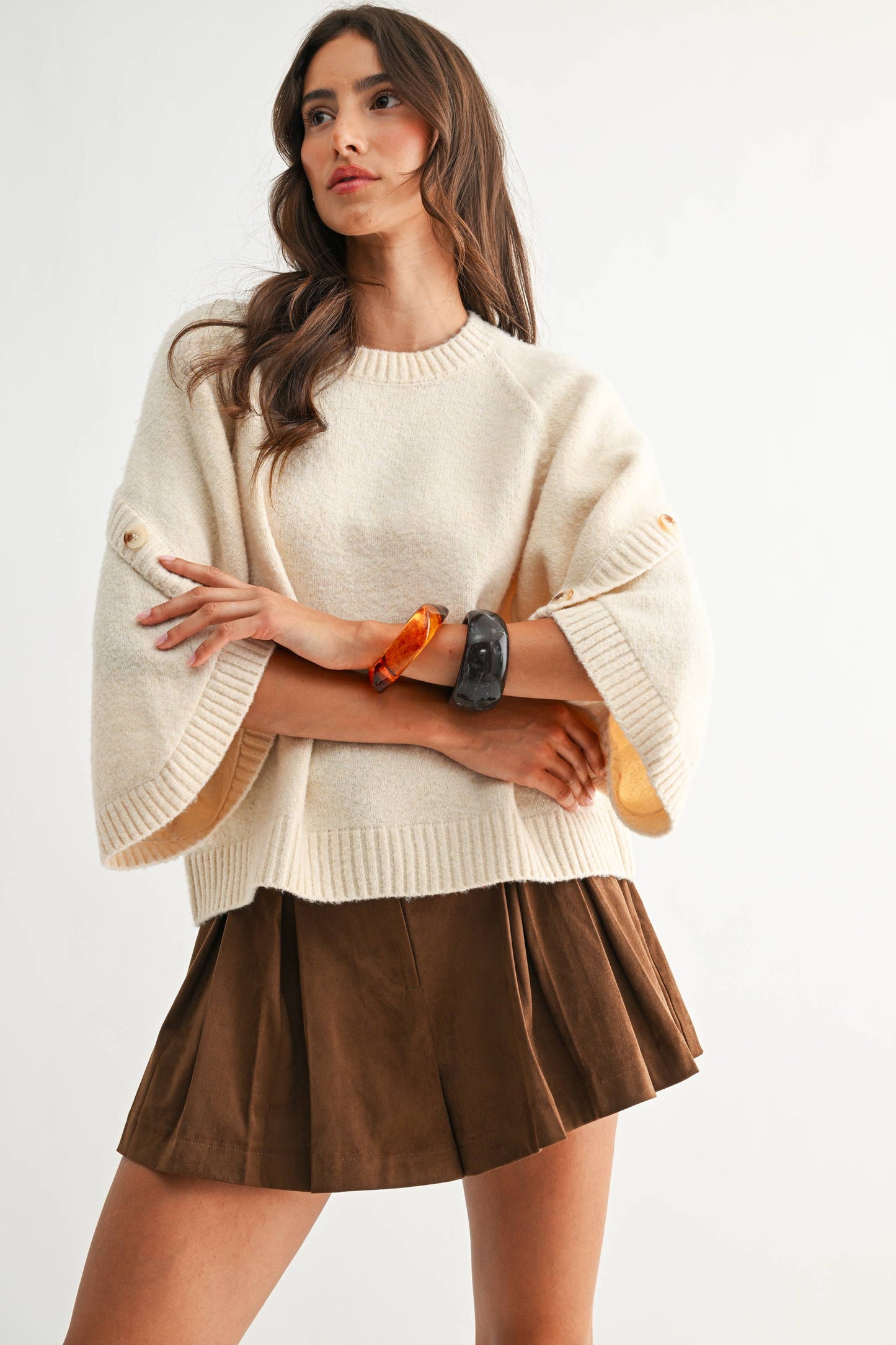 CREAM BUTTON SLEEVE KNIT PULLOVER