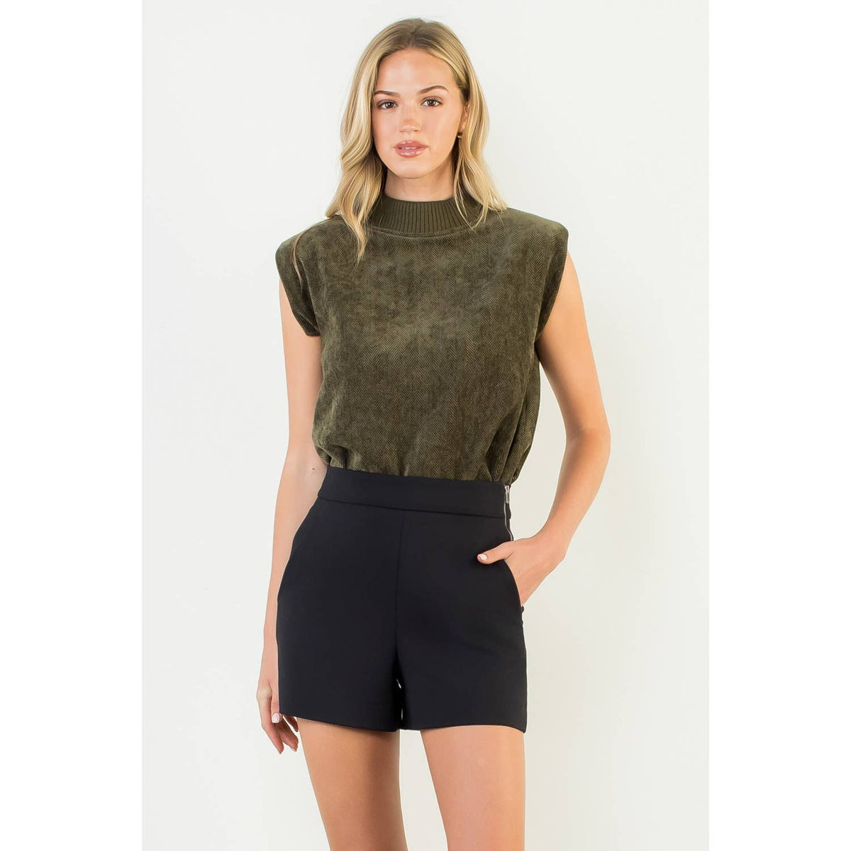 Sleeveless Mock Neck Suede Top
