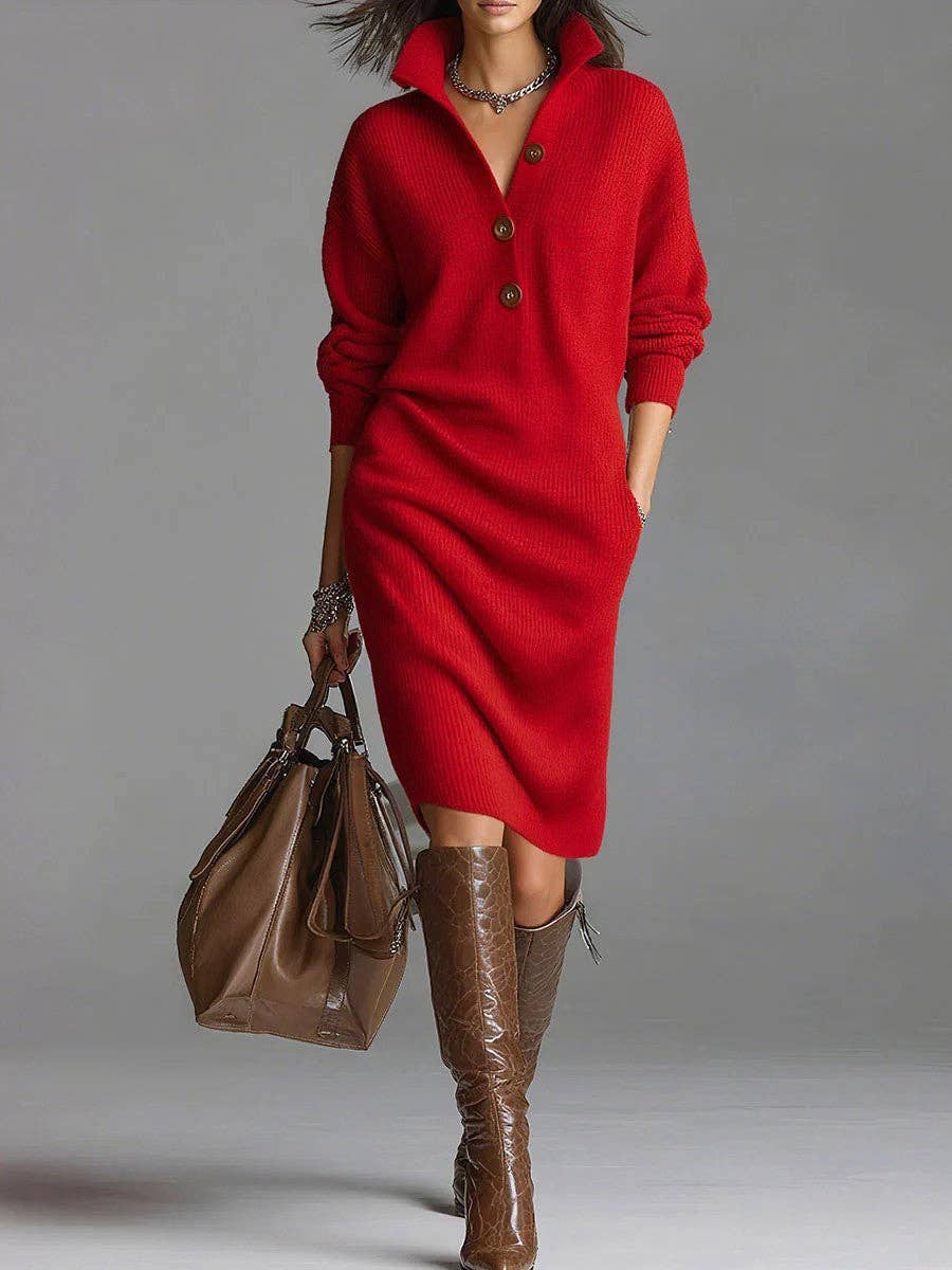 Women Button Down Collar Casual Relaxed Fit Midi Shift Dress