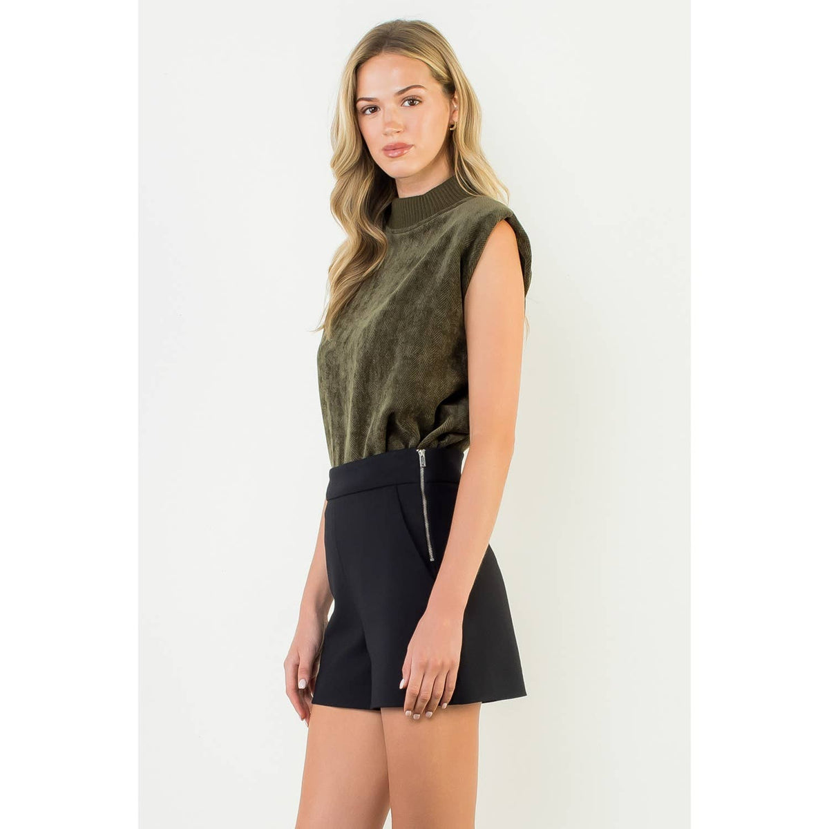Sleeveless Mock Neck Suede Top