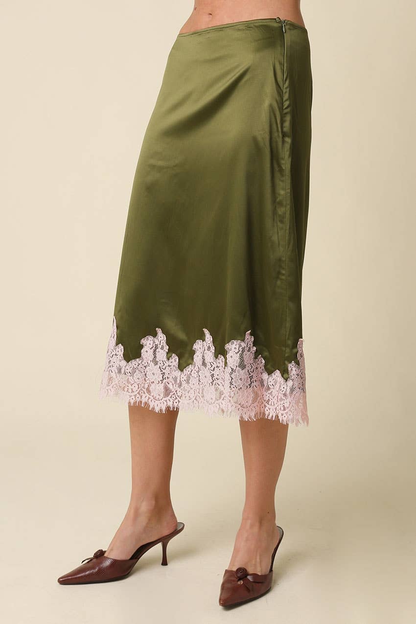 Lois Lace Trim Satin Midi Skirt