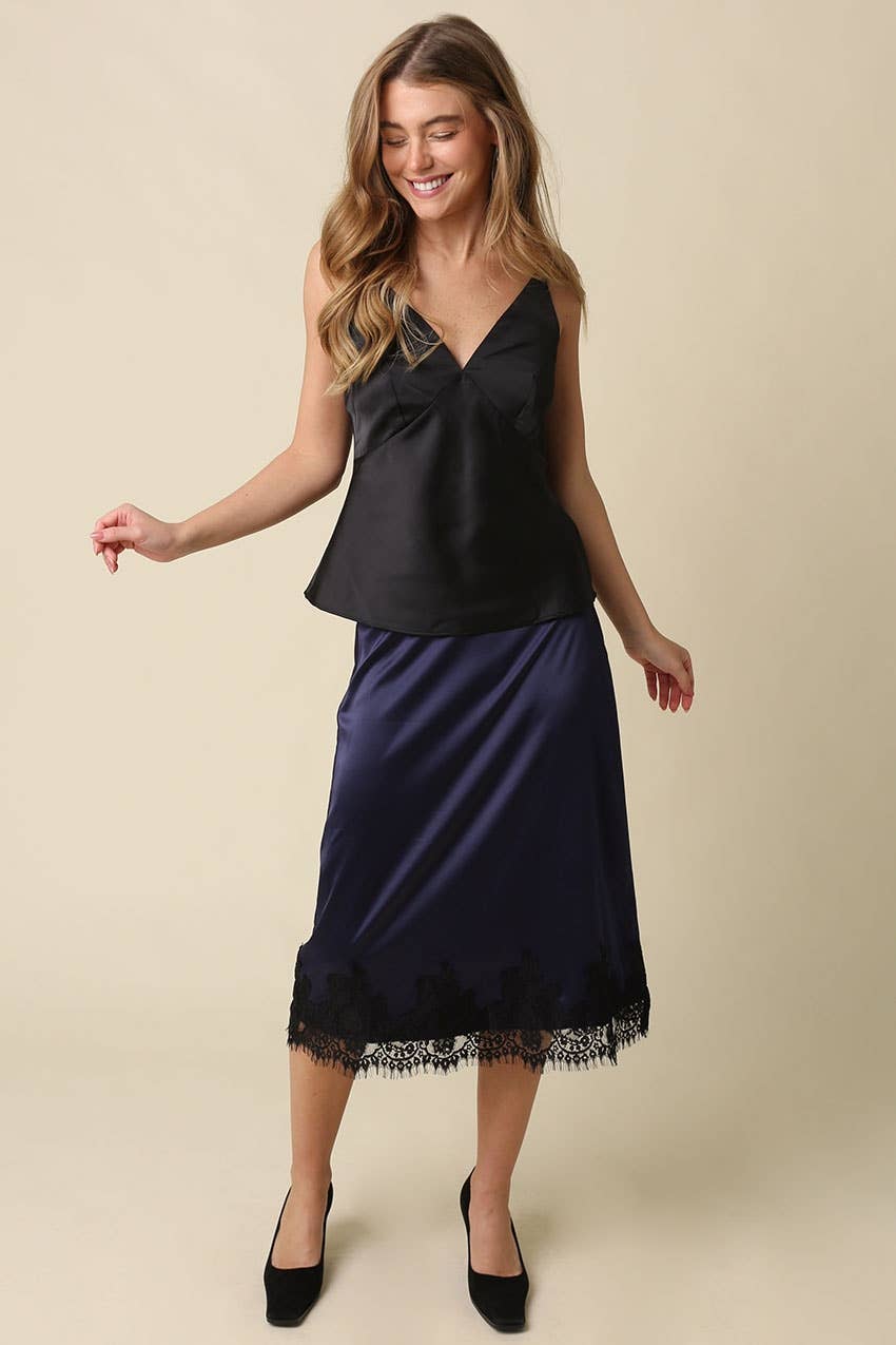 Lois Lace Trim Satin Midi Skirt