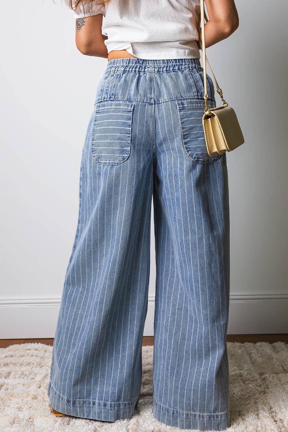 Stripe Button Pleated Drawstring Waist Wide Leg Jeans|S-4X