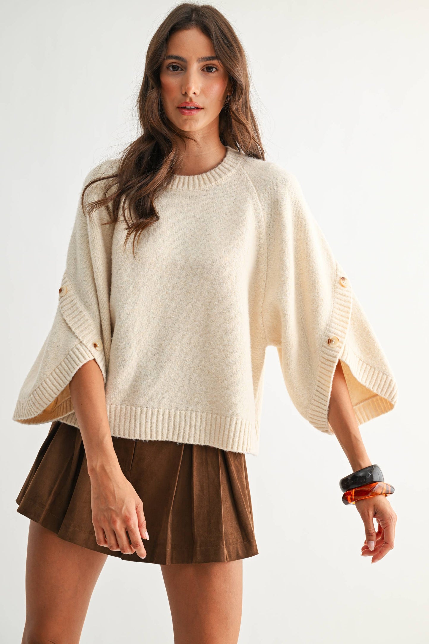 CREAM BUTTON SLEEVE KNIT PULLOVER