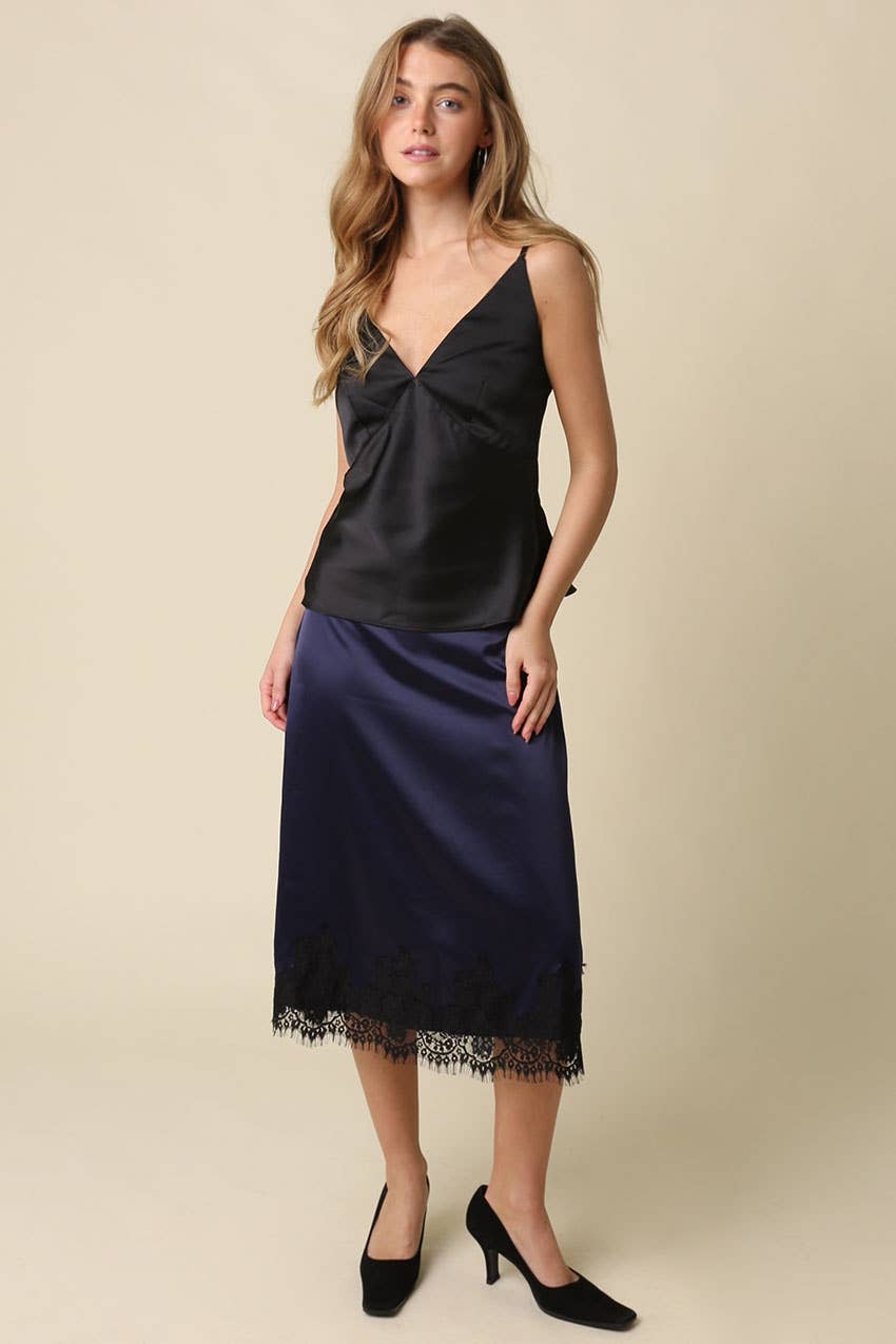 Lois Lace Trim Satin Midi Skirt