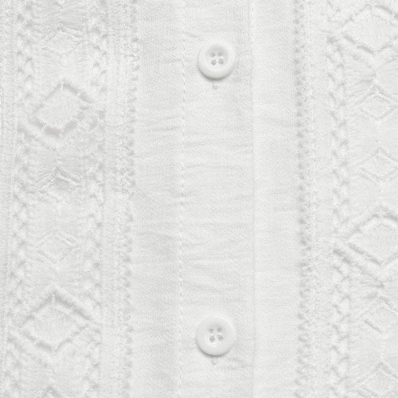 White Ruffle-Trim Stand Collar Blouse