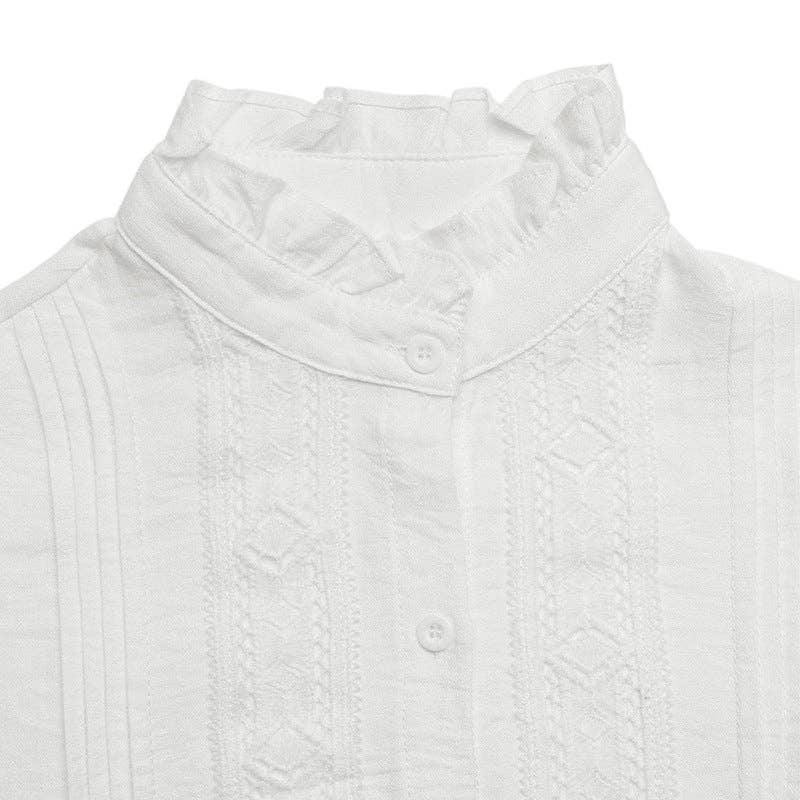 White Ruffle-Trim Stand Collar Blouse
