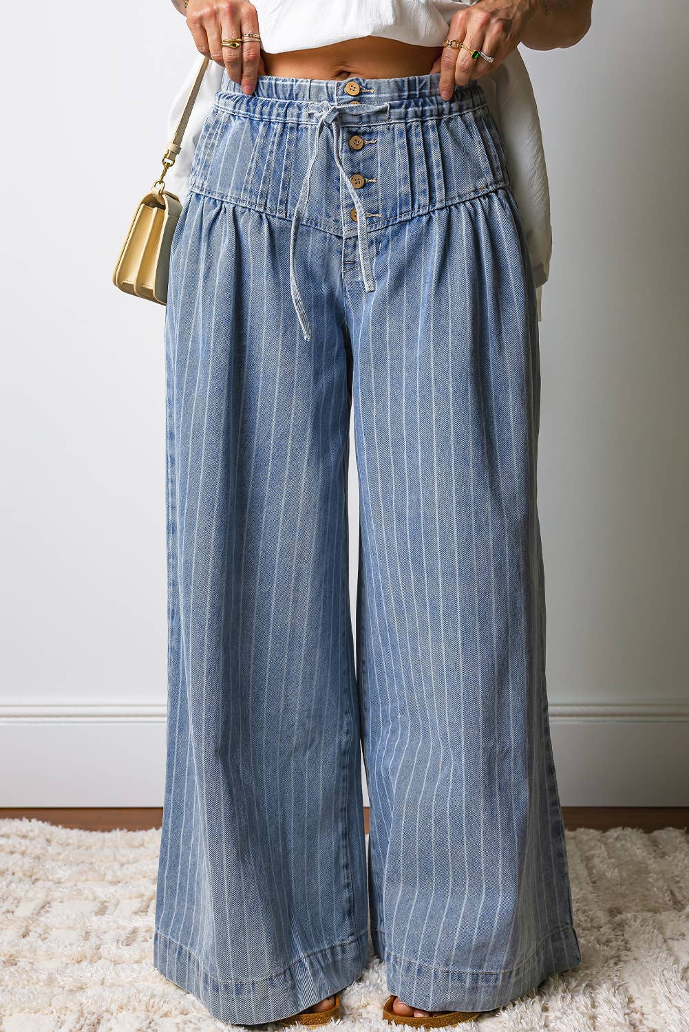 Stripe Button Pleated Drawstring Waist Wide Leg Jeans|S-4X