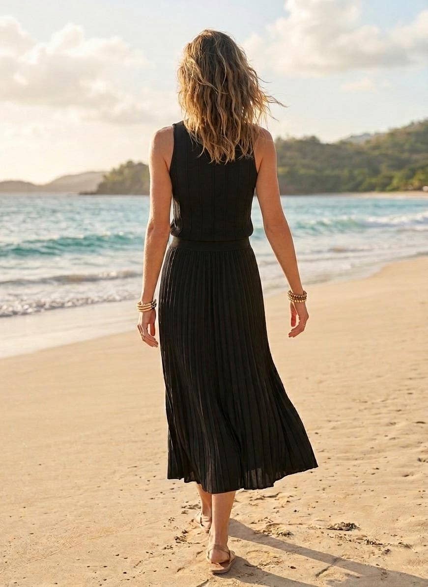 Solid Ribbed Knit Tank Top And Long Skirt Set
