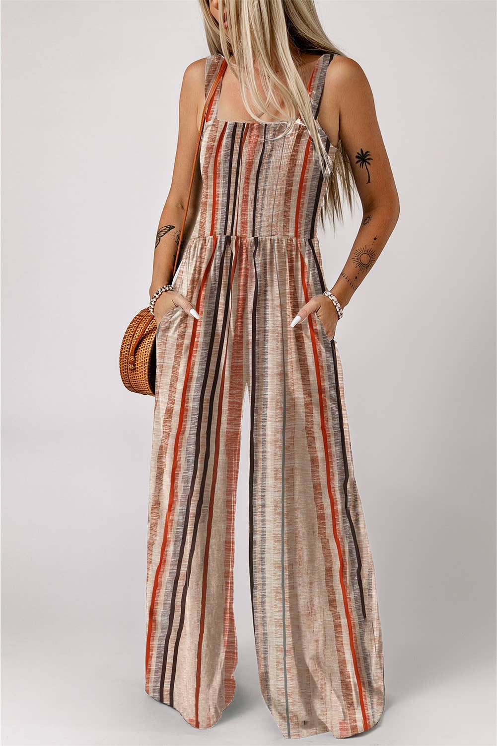 Square Neck Sleeveless Smocked Bodice Wide Leg Jumpsuit