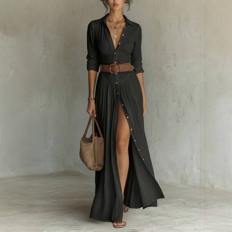 Black Belted V-Neck Maxi Shirt Dress