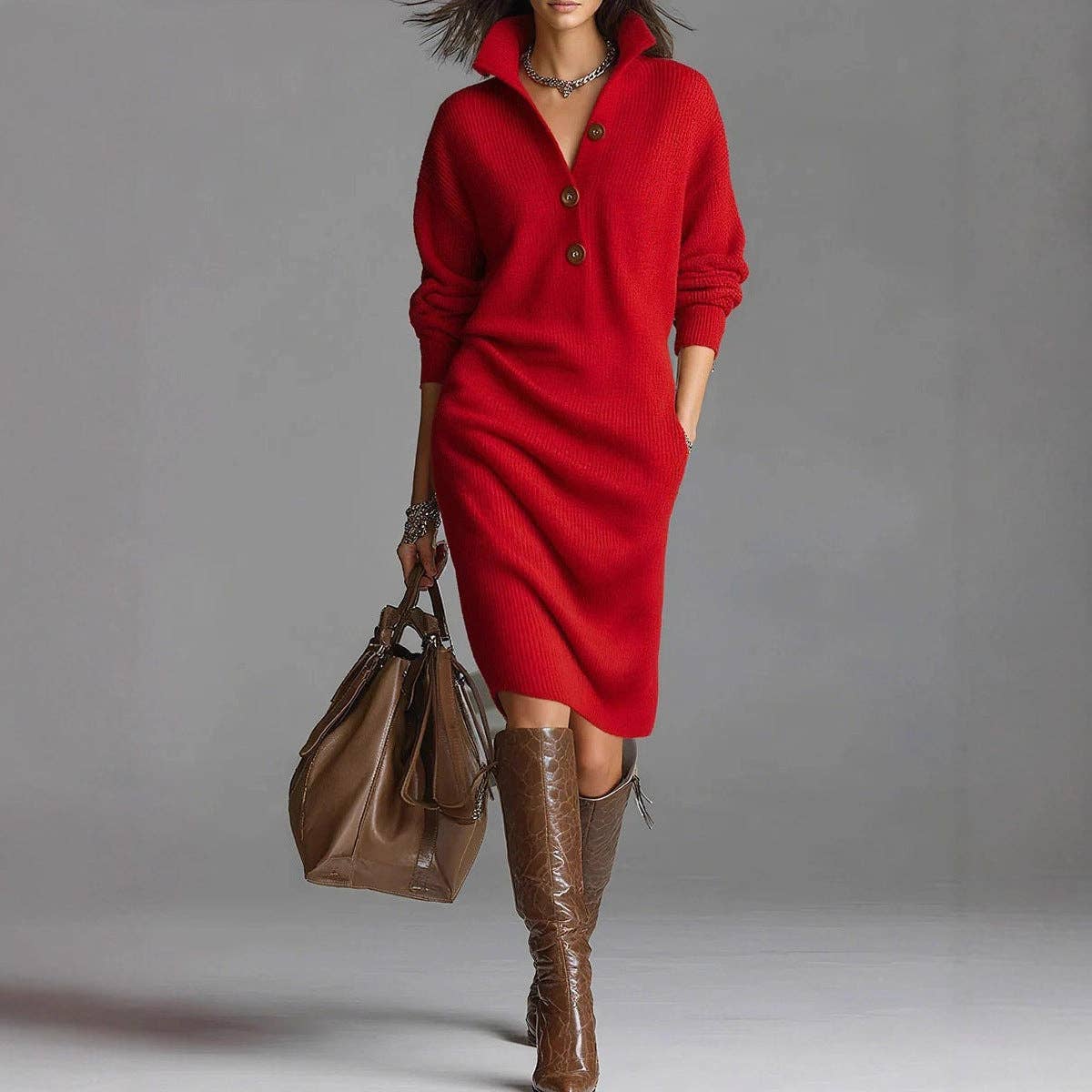 Women Button Down Collar Casual Relaxed Fit Midi Shift Dress
