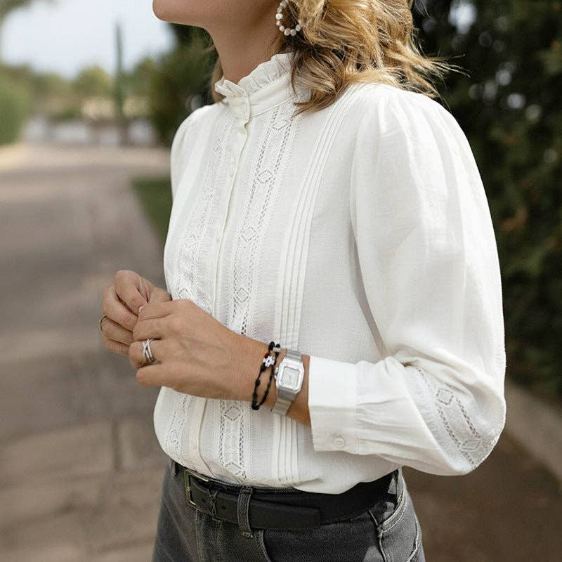 White Ruffle-Trim Stand Collar Blouse