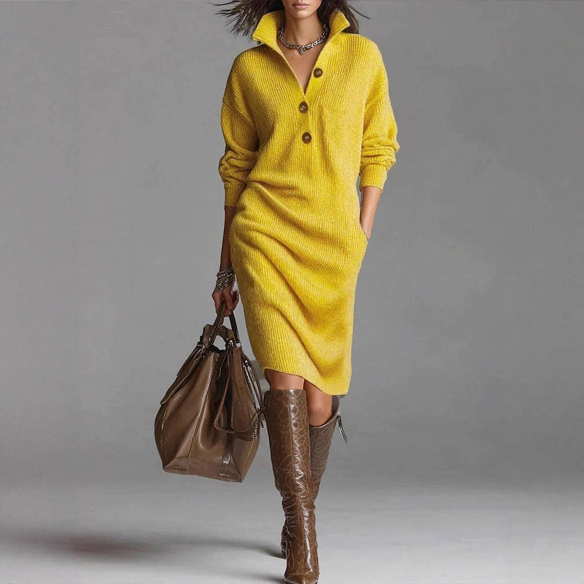Women Button Down Collar Casual Relaxed Fit Midi Shift Dress